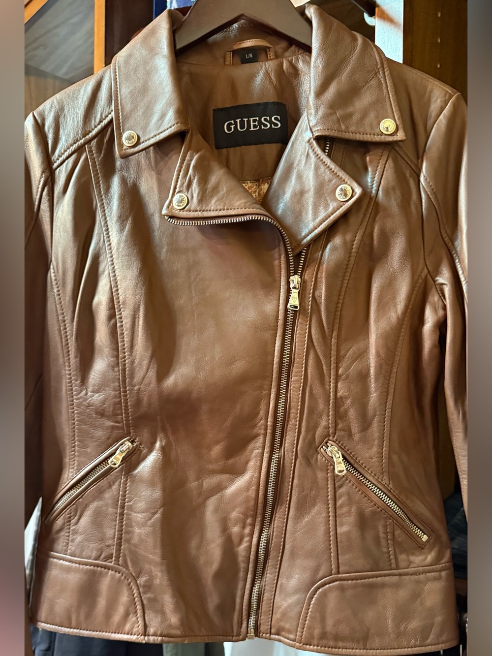 GUESS Brown Leather Asymmetrical Zip Moto Jacket